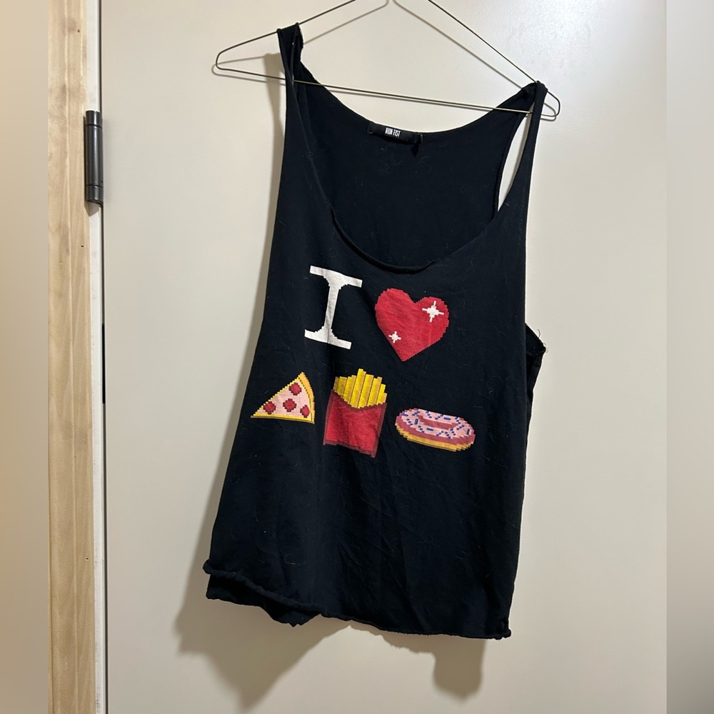 Fun Tank Black Tank Top in Size XL. “I ♥️ 🍕 🍟 🍩 “